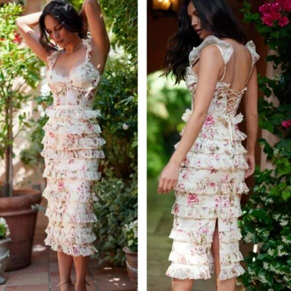 V. Chapman The Fiorenza Dress in English Rose Size 2 Midi Floral Corset Lace - Picture 3 of 13